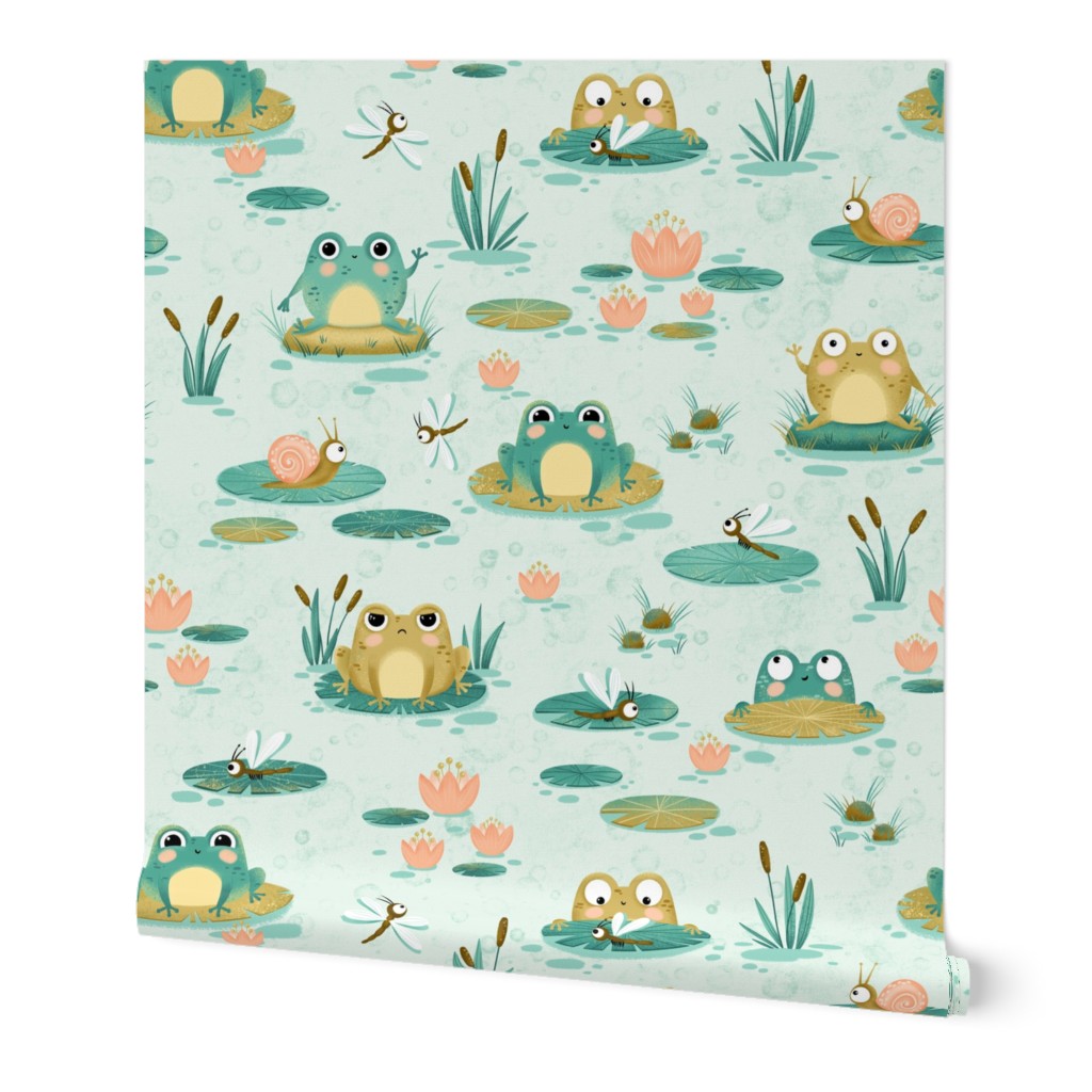 Medium Scale | Cute kid’s nursery print with frogs, toads and dragonflies on aqua blue