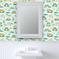 Medium Scale | Cute kid’s nursery print with frogs, toads and dragonflies on aqua blue