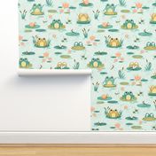 Medium Scale | Cute kid’s nursery print with frogs, toads and dragonflies on aqua blue