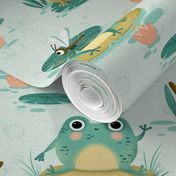 Medium Scale | Cute kid’s nursery print with frogs, toads and dragonflies on aqua blue