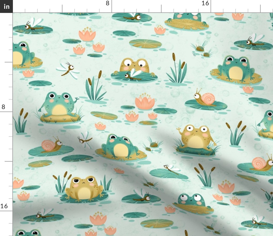 Medium Scale | Cute kid’s nursery print with frogs, toads and dragonflies on aqua blue