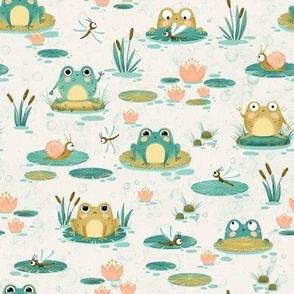 Small  Scale | Cute aqua green  frogs  and dragonflies on cream
