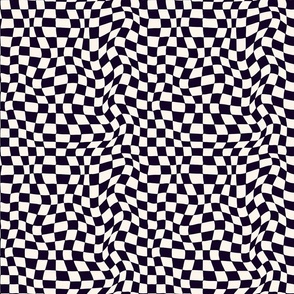 (M) Optical twirly wavy checkerboard, monochrome, black and cream, medium scale