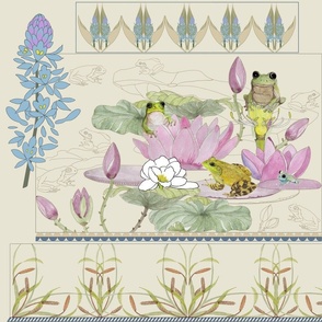 art-nouveau-frogs-hanging-out-in-the-pond-green-blue-rose-yellow-brown-on-ivory