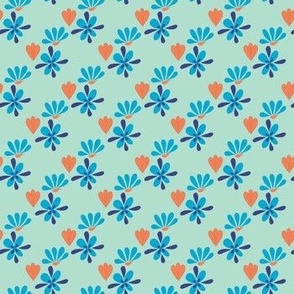 Flowers Created of Teardrop Shapes in Orange, Blue, and Navy Arranged Geometrically on Green