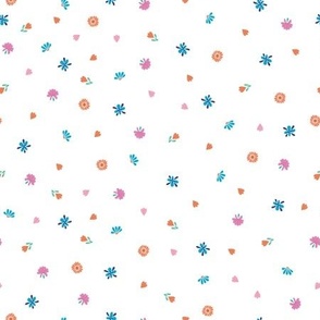 A Ditsy Design to Coordinate with Teardrop Flowers, Tulip, Peony, and Daisy in Pinks, Blues, and Oranges on White
