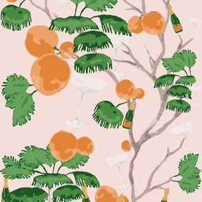 Mimosa Tree  | Blush Chinoiserie featuring Champagne Bottles, Glasses and Oranges