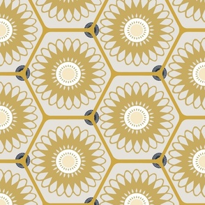 Large Floral Motifs In Hexagons on a Gold Background