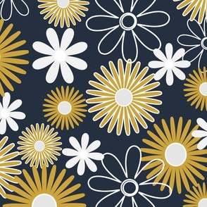 Gold And White Daisies On A Navy Blue Background