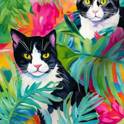 Medium Tuxedo Cat Tropical Pattern
