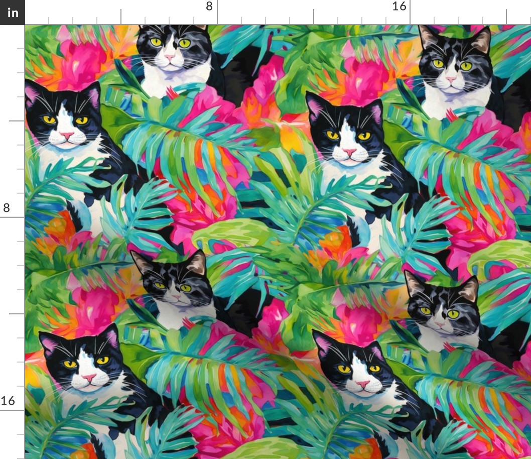 Medium Tuxedo Cat Tropical Pattern