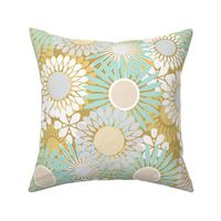 Teal, White And Grey Stylized Daisies On A Gold Background