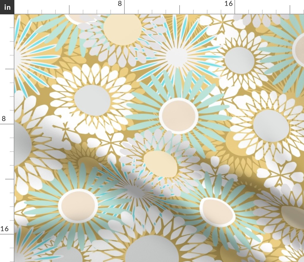 Teal, White And Grey Stylized Daisies On A Gold Background