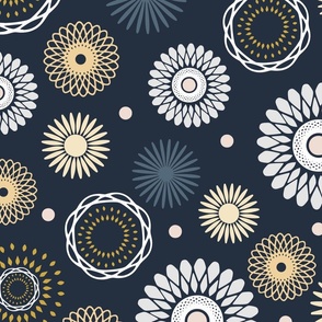 Whimsical Florets On A Navy Blue Background, Light Grey, Gold, Teal and Navy