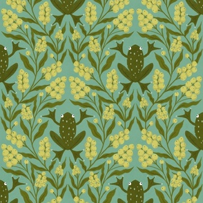 Leap frog damask in olive green with yellow berries on turquoise blue