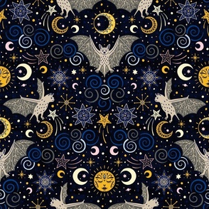 folksy magical night sky with bats and moons - celestial 