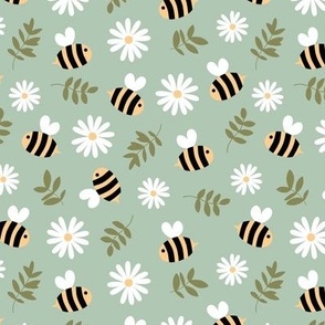 Buzzing bumble bees and daisies - Spring garden for kids olive green 