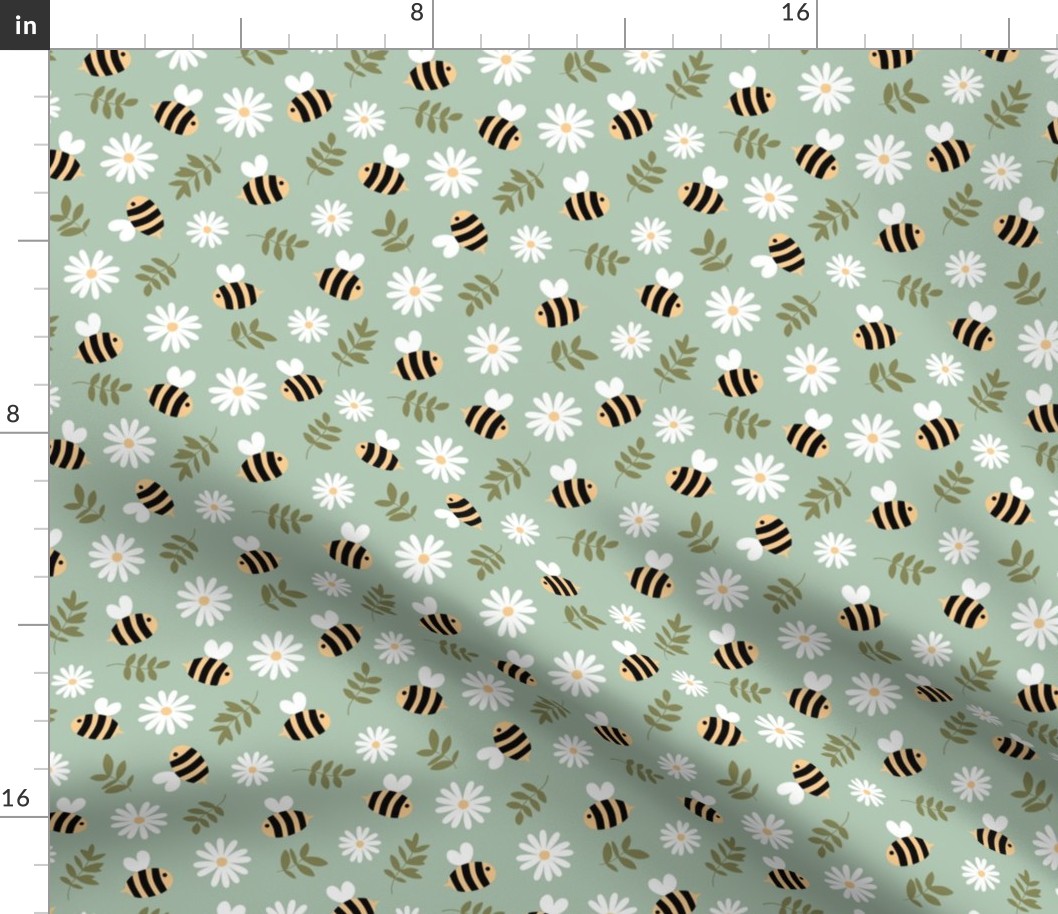 Buzzing bumble bees and daisies - Spring garden for kids olive green 