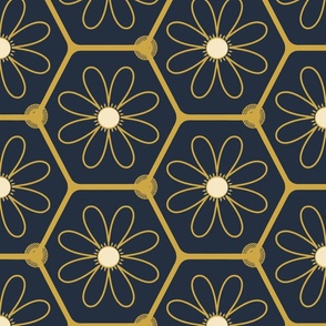Simple Gold Daisies On With Hexagons On A Navy Blue Background