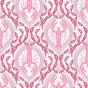 2 directional - Lobster and Seaweed Nautical Damask - white pink raspberry red - medium scale