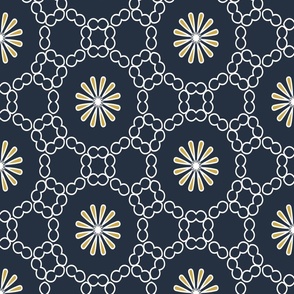 Gold Daisies on Navy Blue Background with White Circles