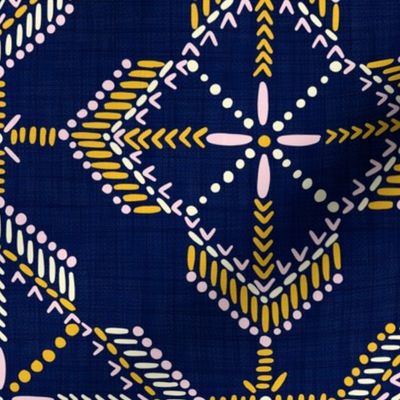 Geometric celestial boho tiles in midnight blue, pink, yellow