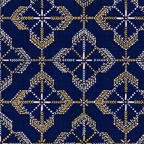 Geometric celestial boho tiles in midnight blue, pink, yellow