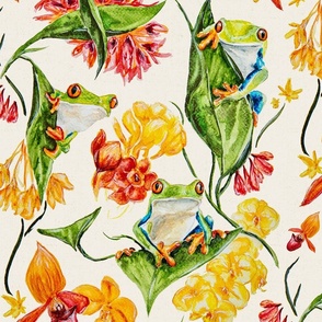 Red-eyed tree frogs in green exotic tropical jungle rainforest with flowers, orchids in red orange yellow and cream