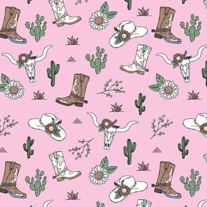 Desert cowboy - Girls on the ranch skulls boots and cowboy hat green pink 