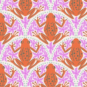 L - Frogs and Florals - Burnt Orange frog, Pink flowers, Sage Green accent