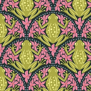 L - Frogs and Florals - Green Frog, Pink Flowers, Grey Accents, Black Background