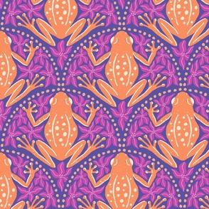 L - Frogs and Florals - Orange Frog, Magenta Flowers, Purple Flowers