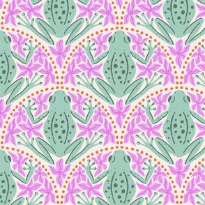 L - Frogs and Florals - Pink Flowers, Sage Green Frog, Orange Dots