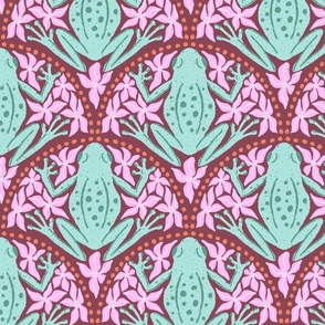 L - Frogs and Florals - Sage Green Frog, Pink Flowers, Orange Dots, Maroon Background