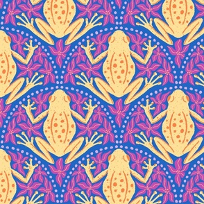 L - Frogs and Florals - Yellow & Orange Frog, Magenta Flowers, Blue Background
