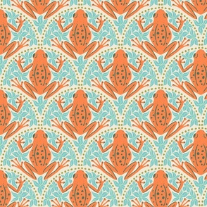 M - Frogs and Florals - Burnt Orange frog, Turquoise flowers, Olive Green accent