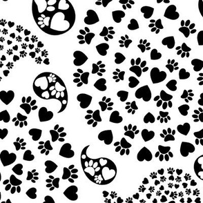 Black and White Dog Paw and Hearts Paisley Pattern