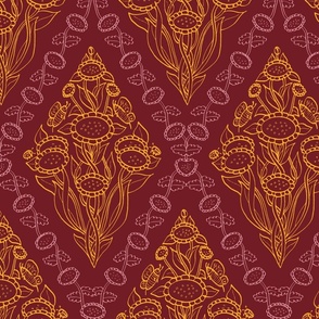 Folktale delight damask  - rose color - yellow - bordeaux