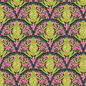 M - Frogs and Florals - Green Frog, Pink Flowers, Grey Accents, Black Background