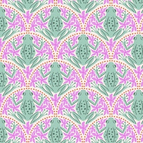 M - Frogs and Florals - Pink Flowers, Sage Green Frog, Orange Dots