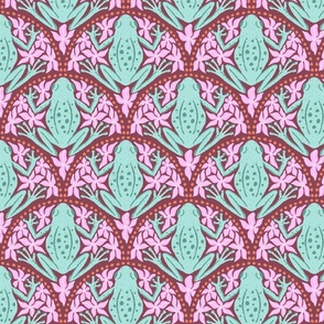 M - Frogs and Florals - Sage Green Frog, Pink Flowers, Orange Dots, Maroon Background