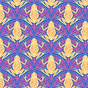 M - Frogs and Florals - Yellow & Orange Frog, Magenta Flowers, Blue Background