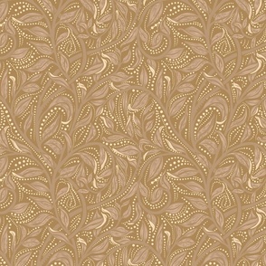 Trailing Leaf Warm Yellow Brown, Medium Scale, Arts and Crafts, William Morris inspired, brown leaves, Vines, Dot details, Caramel Color Background, Wallpaper, Home decor, upholstery