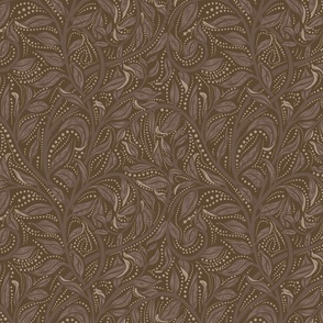 Trailing Leaf Dark Brown, Medium Scale, Earth Tones, Arts and Crafts, William Morris inspired, Brown leaves, Vines, Dot details, Warm Dark Brown Background, Wallpaper, Home decor, upholstery