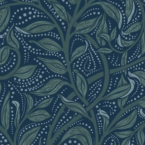 Trailing  Leaves, Teal, Large Scale, Arts and Crafts, William Morris inspired, Teal Green leaves, Vines, Dot details, Dark Blue Background, Wallpaper, Home decor, upholstery