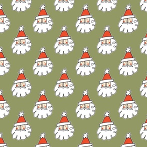 Cute Santa Faces:  happy Santa faces with red hat and jolly cheeks on soft green background. 