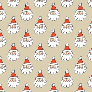 Cute Santa Faces:  happy Santa faces with red hat and jolly cheeks on taupe background. 