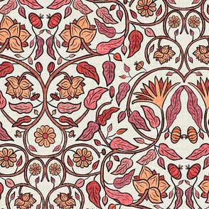 Modern Victorian Floral in peach, pink, coral, Arts and Crafts, William Morris