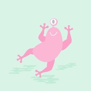 Cute pink one eye frog monster on green background