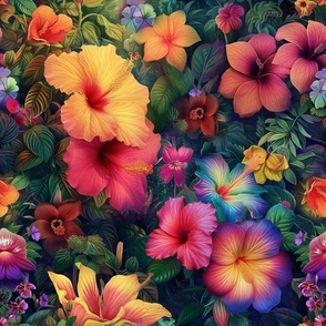 Hawaiian Rainbow Hibiscus Topiary / Fabric / Wallpaper / Home Decor / Upholstery / Clothing